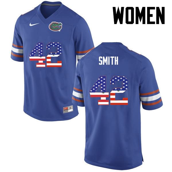 NCAA Florida Gators Jordan Smith Women's #42 USA Flag Fashion Nike Blue Stitched Authentic College Football Jersey TLZ3364NY